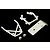A set of white plastic RC car bumper components including a front bumper plate, two support frames, and two small clips on a black background.