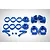 A set of blue plastic RC car suspension components including hubs, carriers, and mounting brackets arranged on a white background.