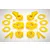 A set of bright yellow Rovan RC car suspension parts including hub carriers, rings, and arms arranged on a white background.