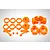 A set of bright orange Rovan RC car suspension parts including hub carriers, rings, and arms arranged on a white background.