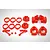 A set of bright red plastic RC car suspension parts including hub carriers, steering knuckles, and spacers arranged on a white background.