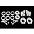 A set of white plastic RC car hub and suspension components arranged on a black background.