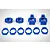 A set of blue plastic RC rear hub components and circular shims arranged on a white background.