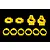 A set of yellow plastic RC car rear hubs and circular shims arranged on a black background.