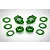 A set of green Rovan RC rear hubs and shims arranged on a white background.