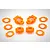 A set of bright orange Rovan RC rear hubs and matching shims arranged on a white background.