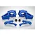 A set of blue nylon front steering hubs and associated suspension parts for an RC vehicle, arranged on a white background.