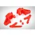 A set of bright red nylon RC car front steering hubs and suspension components on a white background.