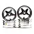 A set of four silver 5-spoke aluminium RC car rims stacked against a white background.
