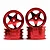 A set of four red anodized aluminium 5-spoke RC car rims stacked against a white background.