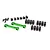 A set of green aluminium suspension arm hinge pin retainers and various grey plastic suspension components for a Traxxas RC car.