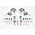 A set of silver aluminium RC car suspension parts including C-hubs, steering knuckles, wheel hex adapters, screws, and spacers on a white background.