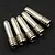 Five silver steel screw shafts with threaded heads and smooth shanks arranged diagonally on a dark textured surface.