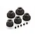 A set of five black steel 1Mod pinion gears ranging from 15T to 19T, accompanied by five small grub screws on a white background.