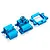 Three blue anodized aluminium gearbox case components for an RC car, arranged on a white background.