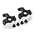 Two black plastic RC steering hubs and four small black bushings arranged on a white background.