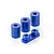 Four blue anodized aluminium RC servo mounts, including three cylindrical spacers and one dual-post mounting plate.