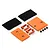 HSP orange anodised aluminium body mounting plates, small brackets, and black screws with adhesive velcro strips on a white background.