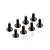 Eight black metal button head screws arranged on a white background.