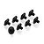 A set of eight black metal flanged head screws with hex drive sockets, arranged on a white background.