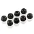 Eight black aluminium nyloc nuts arranged in a group on a white background.