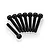 Eight black metal cap head screws arranged in a fan shape on a white background.
