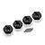 Four black 12mm RC wheel hex adapters and four small metal drive pins arranged on a white background.