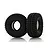 Two black rubber RC off-road tires with aggressive tread patterns and white foam inserts, standing upright on a white background.
