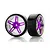 Two RC drift wheels with smooth black tyres and five-spoke purple and silver chrome rims against a white background.