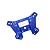 A blue anodized aluminium front shock tower for an RC car, featuring multiple mounting holes and laser-etched 7075-T6 markings.