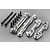 A set of silver aluminium RC suspension arm pin mounts with included black screws and pins on a grey background.