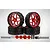 A set of four Rovan 6-inch all-terrain RC wheels with black rubber tires and metallic red rims, including hex adapters, pins, and mounting hardware.