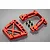 A set of Rovan red anodized aluminium rear bulkhead parts with four black mounting screws on a grey background.