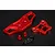 A Rovan red anodized aluminium front bumper kit including two machined metal bumper plates, two red spacers, and a set of black mounting screws.