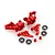 A set of red anodized aluminium RC front steering hubs with matching steering arms, bearings, and spacers on a white background.