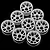 A set of eight white plastic RC car rims arranged in a cluster against a black background.