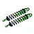 Two green and black adjustable aluminium RC shock absorbers with black springs and silver shafts, shown against a white background with a faint GPM logo.