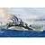 An artistic illustration of the HMS Kent warship sailing on the ocean with a camouflage paint scheme and smoke rising from its funnels.