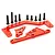 A set of red anodized aluminium engine brace mounts for an RC car, including three machined metal plates and nine black steel screws.