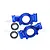 A pair of blue anodized aluminium RC rear hubs with GPM branding and two metal ball bearings on a white background.