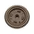 A dark grey steel spur gear for an RC car, featuring a central hole and mounting points, isolated on a white background.