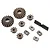 Traxxas Sledge gear differential rebuild set including bevel gears, spider gears, cross pins, and shims on a white background.