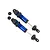 Two blue anodized aluminum Traxxas GT-Maxx long shock absorbers with black plastic components and two small black shock pistons on a white background.