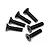 A set of six black metal countersunk head screws with hex drive sockets arranged on a white background.
