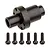 A black metal ring gear spool for an RC car drivetrain, accompanied by six small black hex-head screws, isolated on a white background.