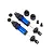Two blue anodized aluminum Traxxas GT-Maxx RC shock absorbers without springs, shown with included plastic mounting hardware and pistons on a white background.