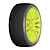 A single GRP T04 slick RC tyre mounted on a bright yellow multi-spoke wheel against a white background.