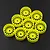 Eight fluorescent yellow wide RC car rims arranged on a dark textured surface.