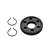 A black Kyosho spur gear with a splined center and two small metal circlips on a white background.