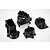 Four black plastic RC gearbox case components arranged on a white background.